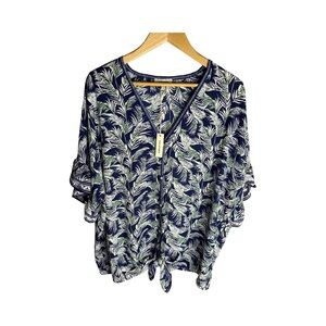 Max Studio Palm Print Navy Tropical Tie Front Blouse NWT Size 1X